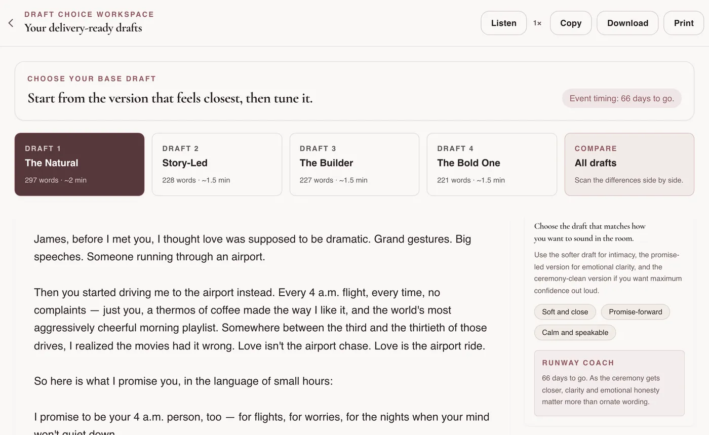 Screenshot of the draft editor showing four versions of her wedding vows in tabs, an editable vow draft, and a delivery coach sidebar