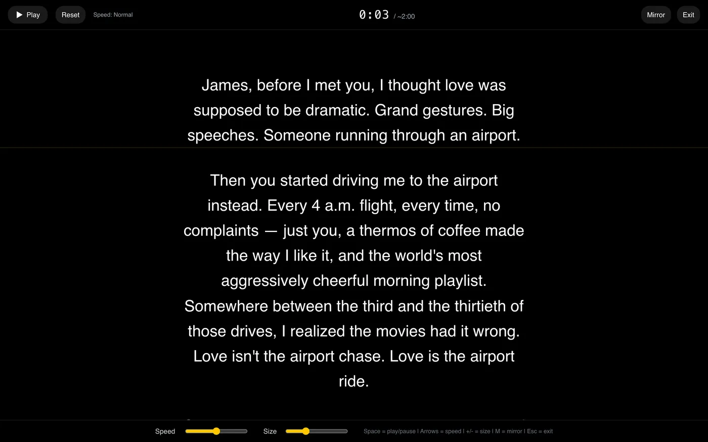 Screenshot of the practice teleprompter scrolling wedding vows mid-rehearsal, with play, speed, and timer controls