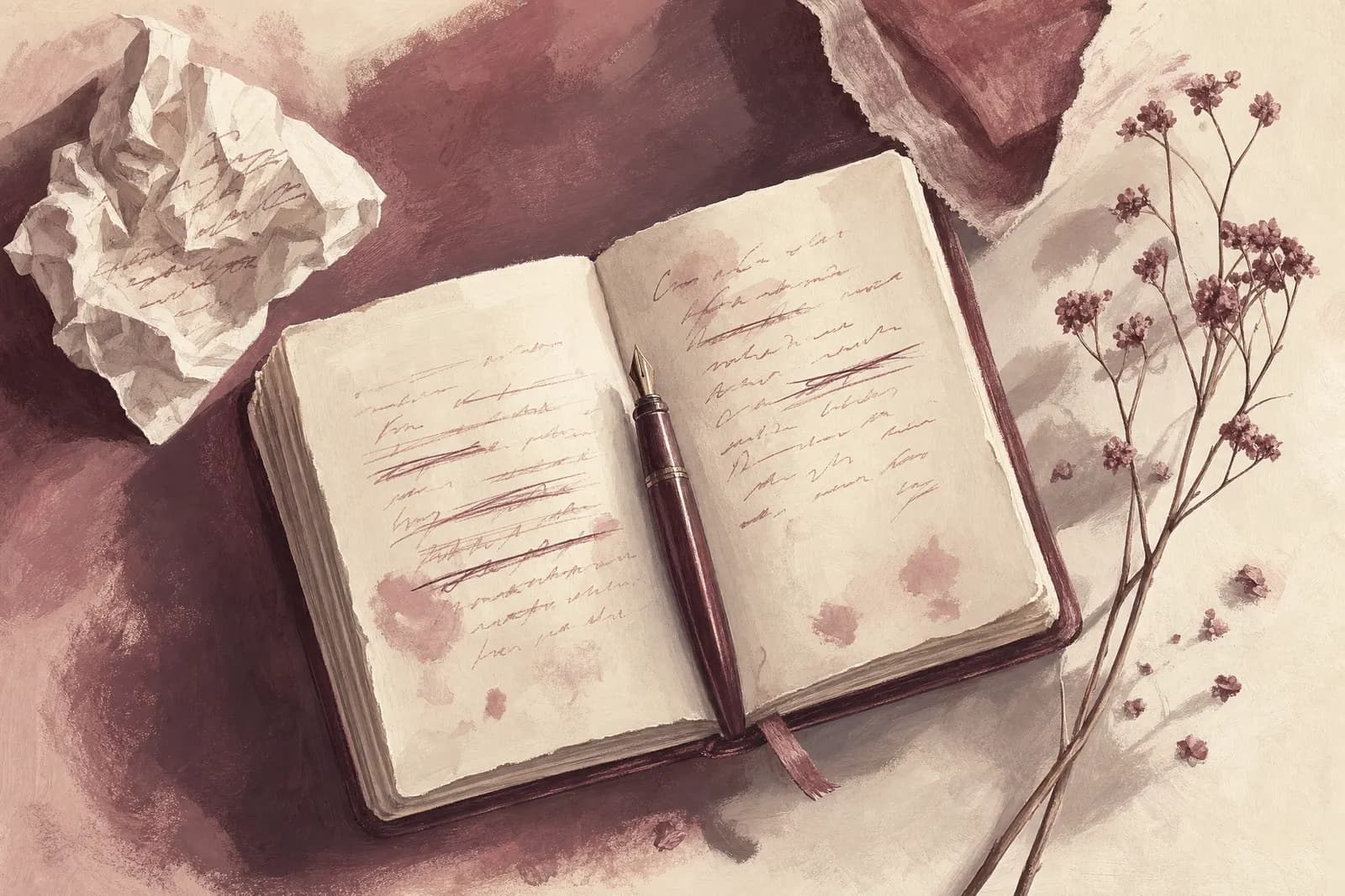 A painted open vow notebook with handwritten revisions, a fountain pen, and dried flowers on blush linen.