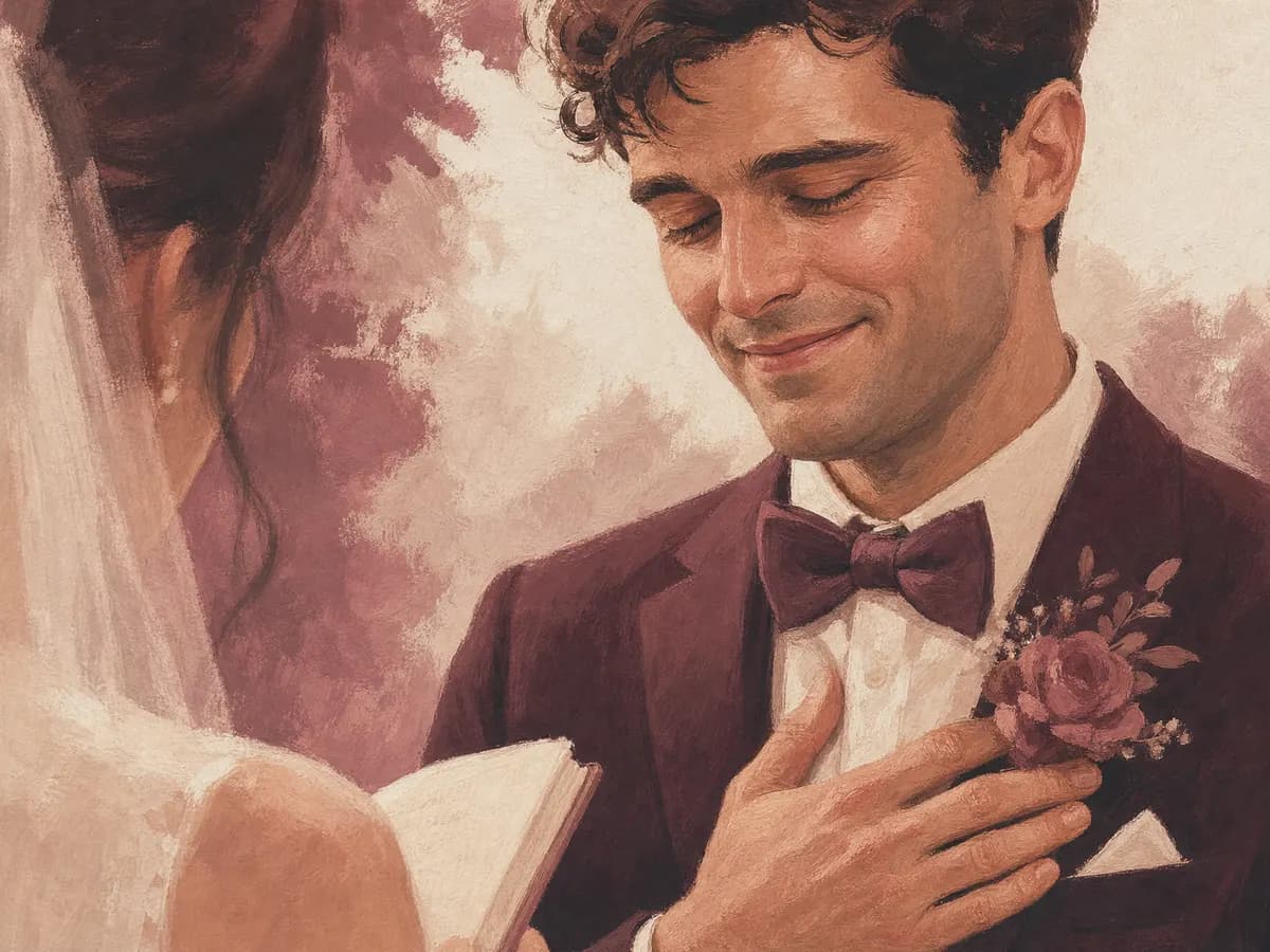Painted close-up of a groom listening to vows with a hand over his heart, eyes closed and half-smiling