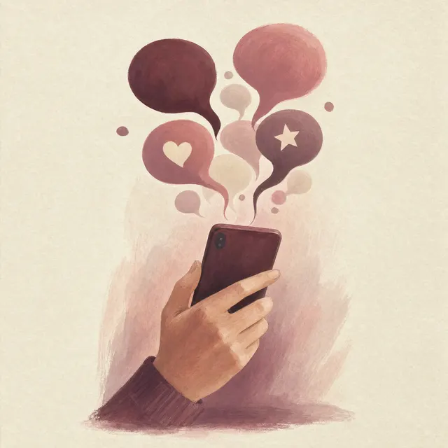 Illustration of a hand holding a phone with speech bubbles rising from it